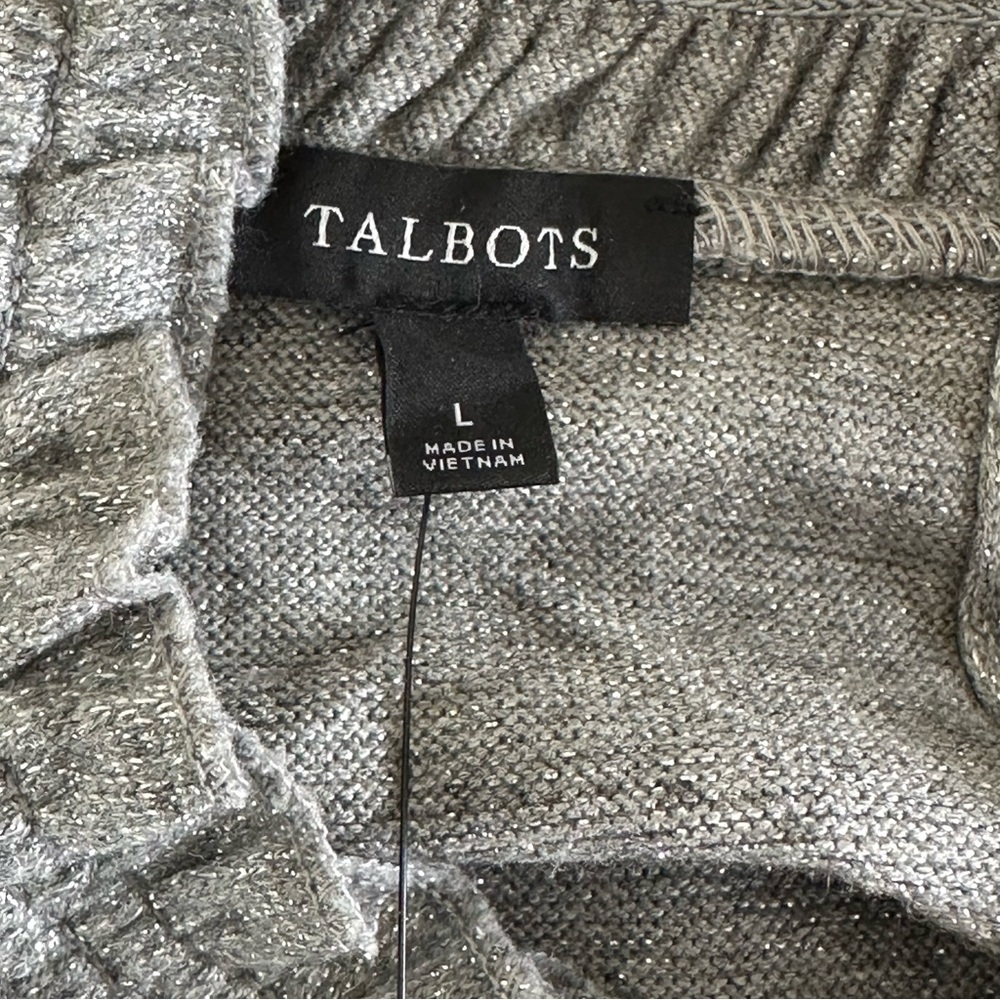 Talbots Gray Metallic Ruffle Neck Sweater L Long Sleeve Velvet Bow Back Holiday - Picture 9 of 12